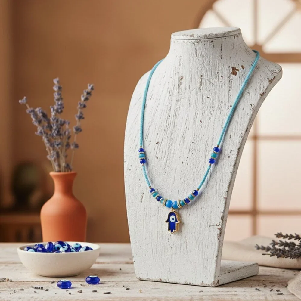 Turkish Handmade 18K Gold Plated Hamsa Evil Eye Blue Bead Boho Layering Necklace